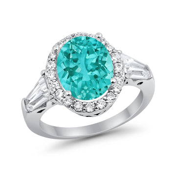 Halo Fashion Ring Baguette Simulated Paraiba Tourmaline CZ 925 Sterling Silver